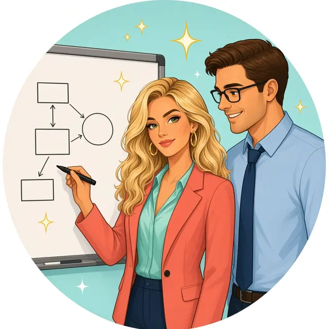Illustrated character at a whiteboard with a client